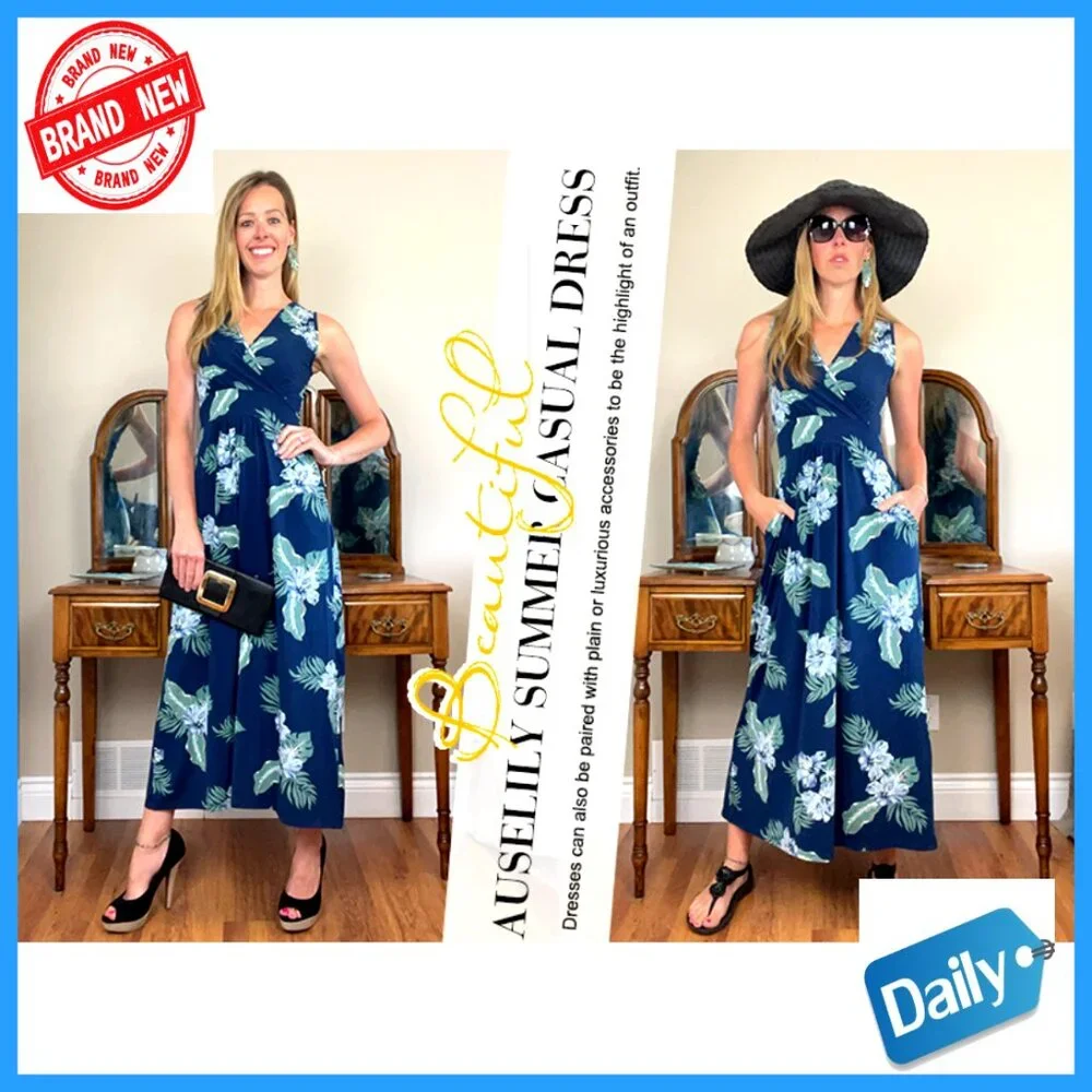 Sleeveless Maxi Dress with Pockets, V-Neck, Wrap Style, Loose Fit - Picture 6 of 7